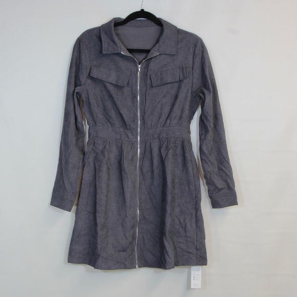 Cupshe Gray Long-Sleeve Zip Shirt Collar Mini Dress - Picture 1 of 7